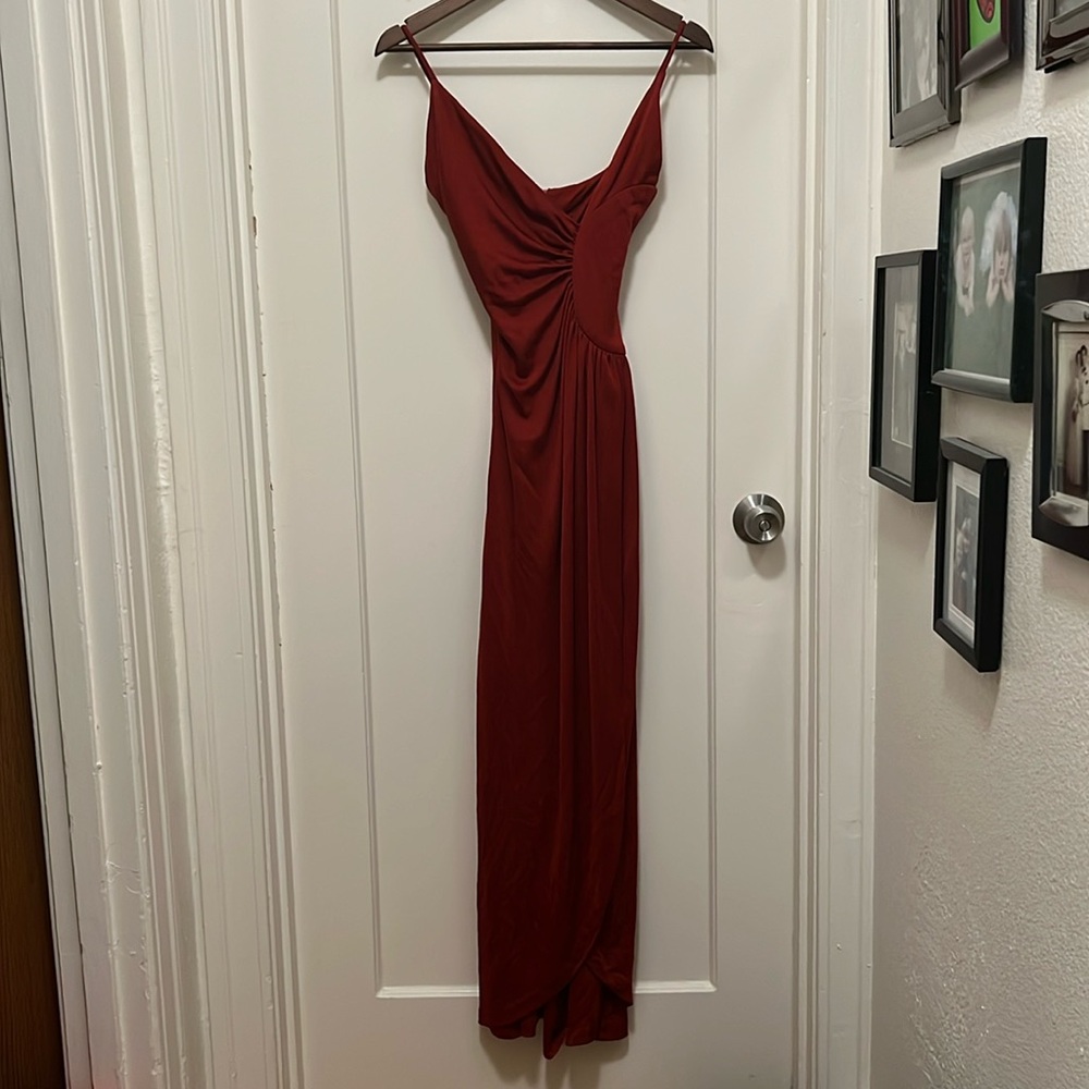 Vintage Joy Stevens Evening Gown -disco vibes- 1970s/1980s. Rust. Asymmetrical.